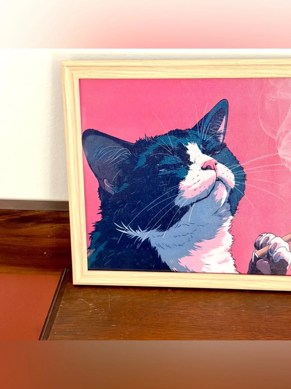 Tired Black & White Cat Smoking a Cigarette Pink Canvas Art Faux Wood Framed Art - Picture 3 of 8